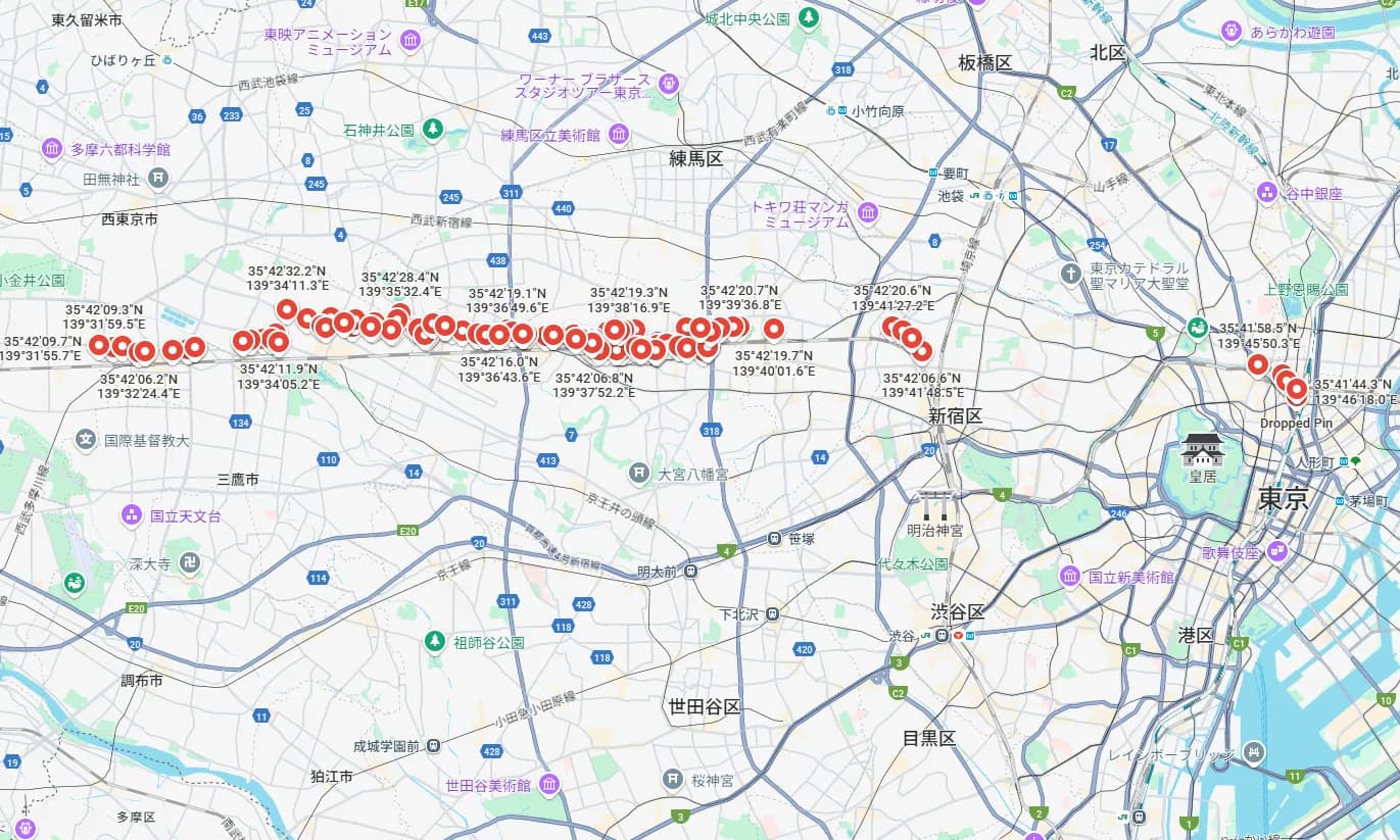 最終的に180箇所のマンホールがStreet Viewで見つかった。東小金井から新宿、および御茶ノ水、神田付近にマンホールが見つかっていて、東西方向につながっていることが示唆される。
